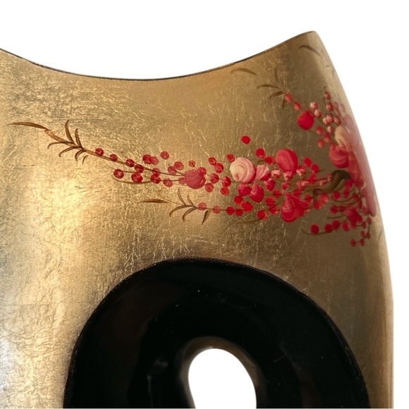 Asian LACQUERWARE Vase Gold w/Handpainted Red Flowers Black Hole 12" x 7" x 3" - Picture 5 of 10